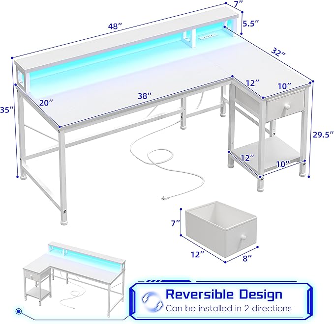 White Desk with Drawers, 48" L Shaped Computer Desk with Monitor Stand & Power Outlet for Small Room, LED Lights for Gaming, Study Room, Bedroom, White