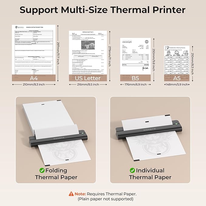 MUNBYN Portable Printer Wireless for Travel, Small Bluetooth Inkless Thermal Printer Support 8.5 x 11 US Letter & A4, Compatible with Laptop, macOS,Windows, Android & iOS for Car,Home Office & School