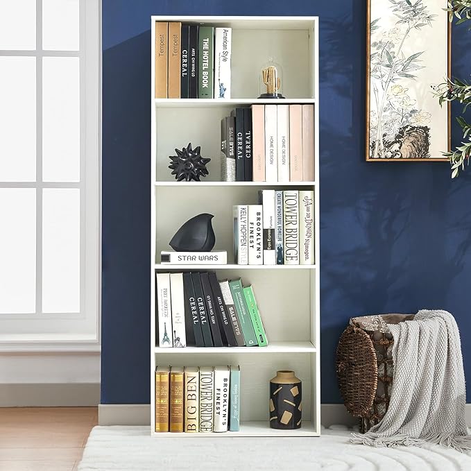 Bookshelves and Bookcases,5-Tier Open Storage Shelf, Floor Standing Display Storage Shelves for Home Office, Living Room, Bedroom, White