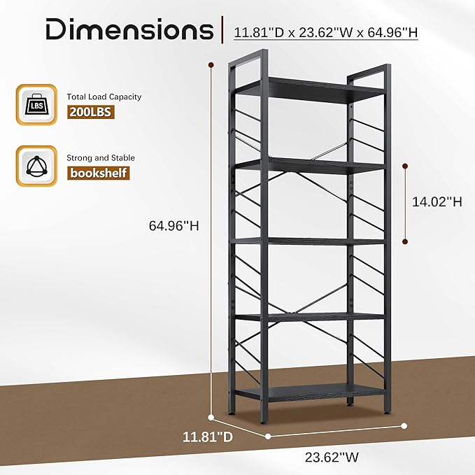 5 Tier Bookshelf, Industrial Tall Bookcase, Modern Display Book Shelf with Metal Frame and Sidebars for Bedroom, Living Room and Home Office, Black