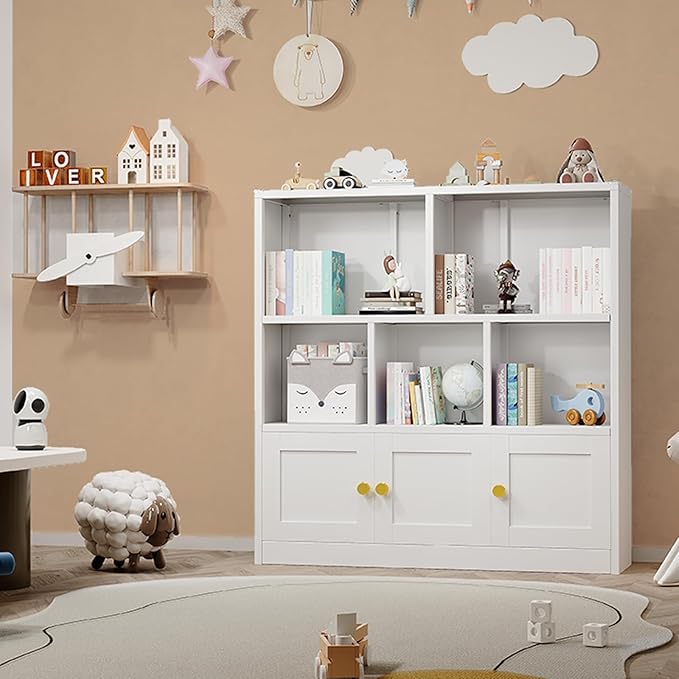 Kids Bookshelf and Toy Storage Organizer with 3 Cabinet and 5 Open Cubbies，Kids Toys Storage Organizer Shelf with Corner Guard，Multifunctional Floor Chest for Playroom and Kid's Room（White）