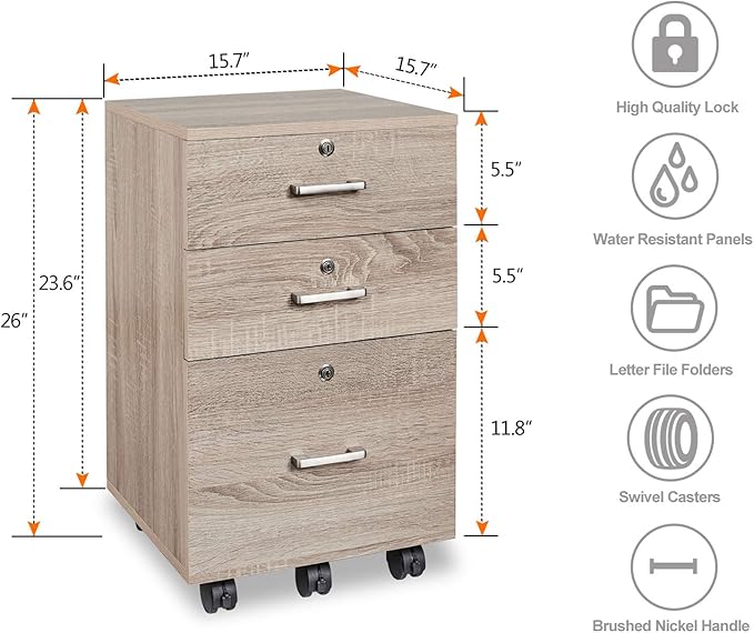 Bonnlo 26"H 3 Drawer File Cabinet with Lock, Rolling File Cabinet Under Desk, Mobile File Cabinets for Home Office, Wood File Cabinet Printer Stand for Letter Size File Folders, Assembly Required, Oak