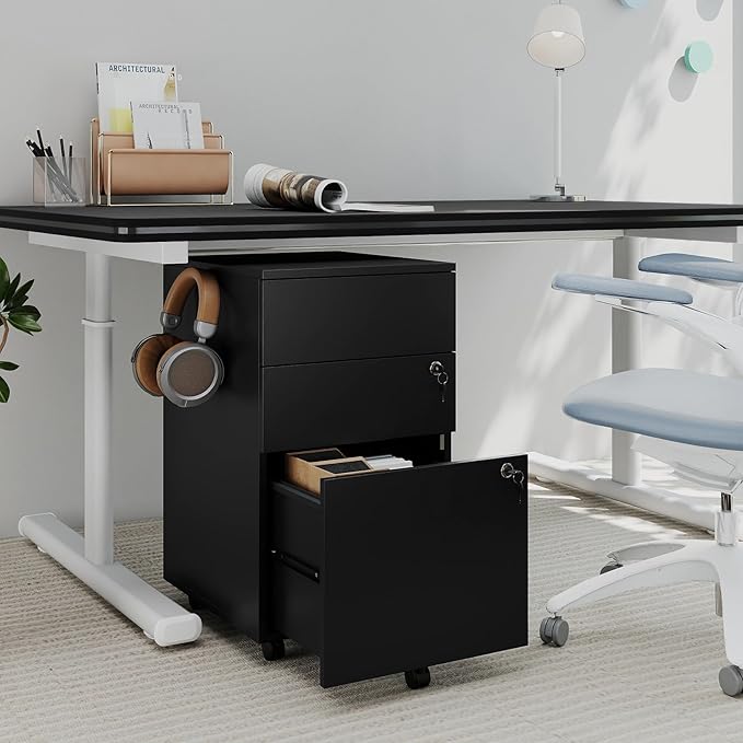 LOKO Mobile File Cabinet with 3 Drawers, Wooden Rolling Filing Cabinet with Lock, Under Desk File Organizer for A4/Letter/Legal Size, for Home Office, Study (Black)