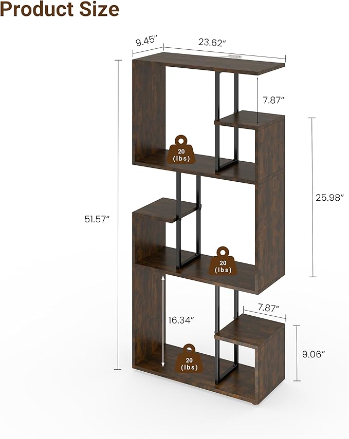 Manora 3 Tier Geometric Bookcase, S Shaped Bookshelf, Modern Bookcase with Tall Display Shelves, Decorative Storage Shelf for Living Room and Bedroom, Dark Brown