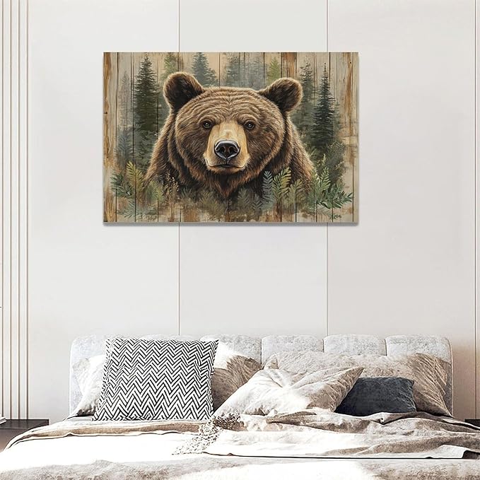 Farmhouse Bear Wall Art Rustic Forest Pictures Decor Woodland Wildlife Painting Canvas Print Modern Home Decoration Artwork for Living Room Bathroom Bedroom Office Framed 24"x16"