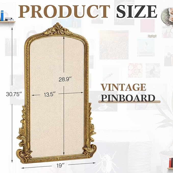 Vintage Framed Pin Board Linen Display Bulletin Board Large Cork Fabric Picture Photo Pinboard Memo Ornate Decorative Pinboard Ornate for Wall Gift(Arch,19" X 31",Gold)