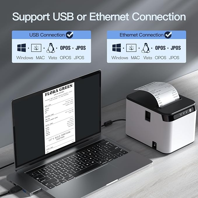 Bisofice 80mm Receipt Printer ESC/POS Thermal Printer Desktop Direct Print USB+LAN Connection High Efficiency with Auto Cutter Large Paper Bin for Shipping Business Restaurant Kitchen Supermarket