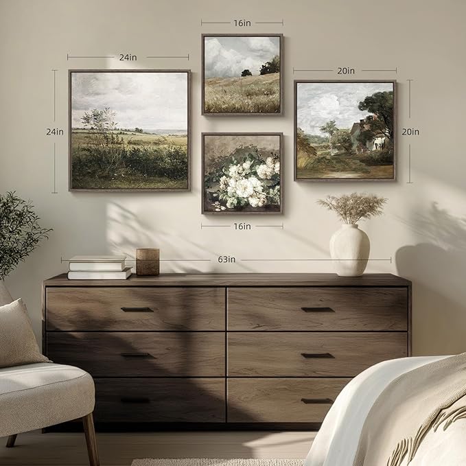 4 Piece Framed Vintage Landscape Wall Art for Living Room, Large Rustic Farmhouse Canvas Pictures Artwork for Walls, French Country Botanical Prints Paintings for Bedroom and Dining Room Wall Decor