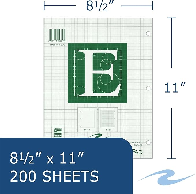 Roaring Spring Engineering Pad, 8.5" x 11", 200 Sheets 15# Green Paper, 5x5 Printed Back Enclosed Grid, Top Glued, 3-Hole Punched, Proudly Made in USA, Heavy Backing Board (Pack of 12)