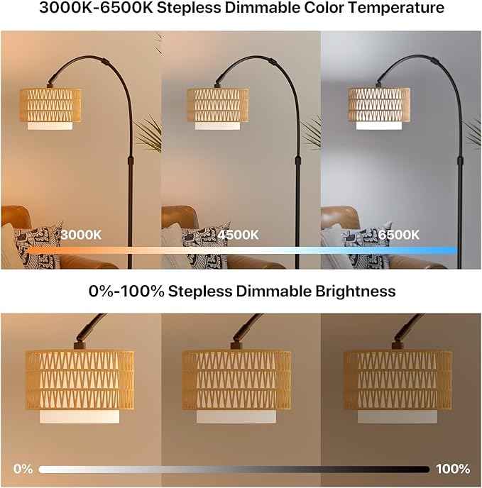 Arc Floor Lamp with Remote Control, Dimmable LED Floor Light with 3 Color Temperature, Black Standing Lamp with Rattan & Fabric Double Drum Shade, Boho Farmhouse Tall Floor Lamp for Living Room