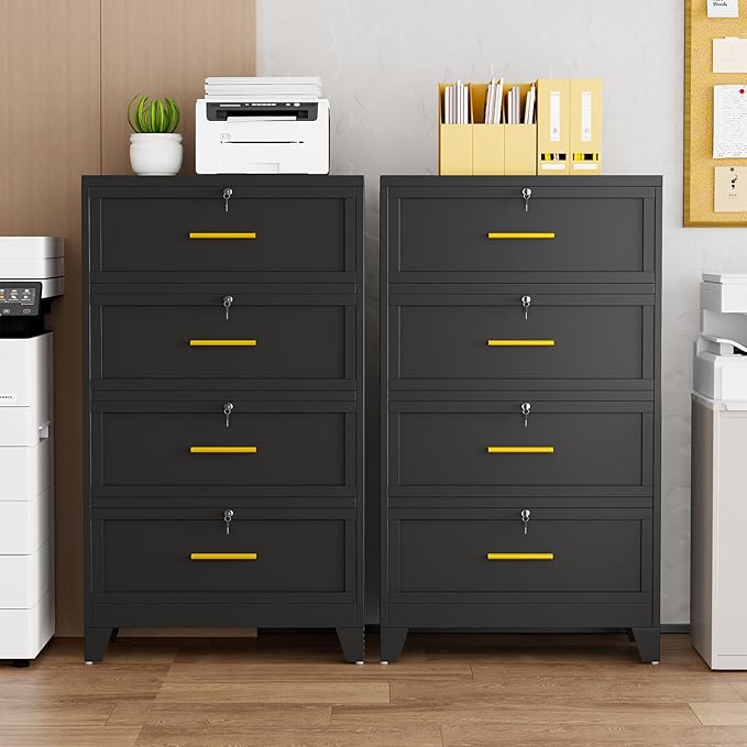 4 Drawer File Cabinet with Lock, Metal Lateral File Cabinets for Home Office, Steel Wide Filing Organization Storage Cabinets, Home Office Furniture for Hanging Files Letter/Legal/F4/A4 Size