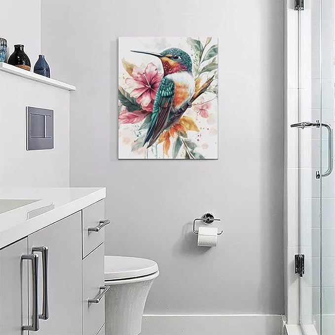 Watercolor Hummingbird Wall Art Country Flower Bird Pictures Wall Decor Colorful Canvas Painting Modern Home Artwork Decorations for Bathroom Bedroom Living Room Office Framed 16"x20"