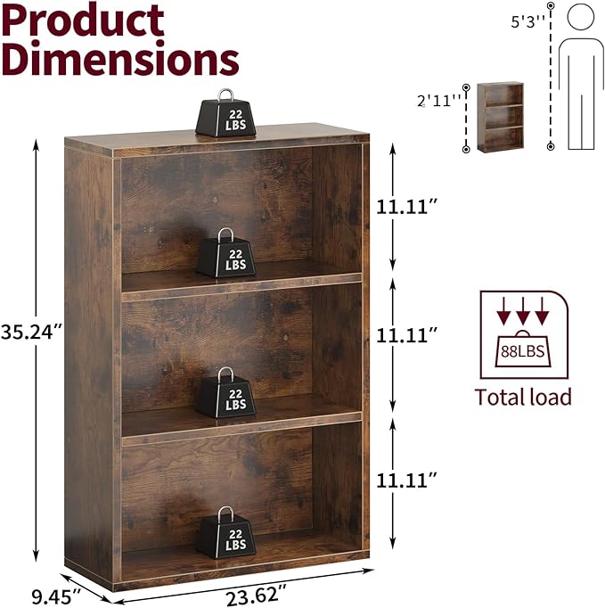ALISENED 3-Tier Shelf Bookcase, Open Storage Bookshelf, 23.6“ × 9.4” × 35.2“, Storage Organizer Shelving for Home Office, Livingroom and Bedroom, Rustic Brown