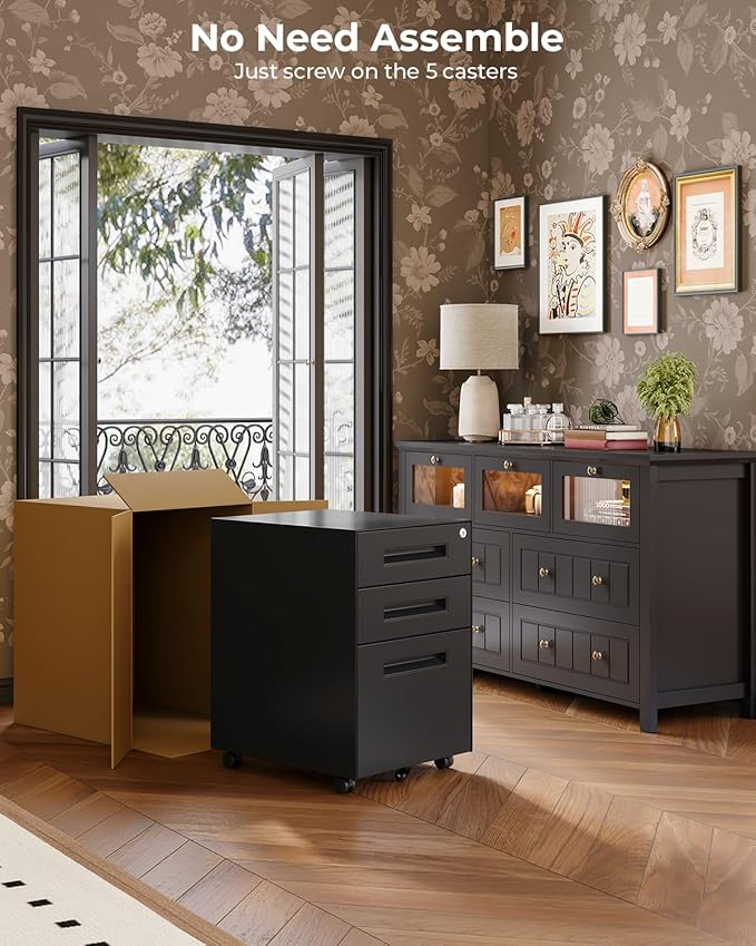 Dripex 3 Drawer File Cabinet, Mobile File Cabinet with Lock on Wheels, Letter/Legal Size, Fully Assembled, Modern Small Short Vertical Metal Rolling Filing Cabinets Under Desk for Home Office (Black)