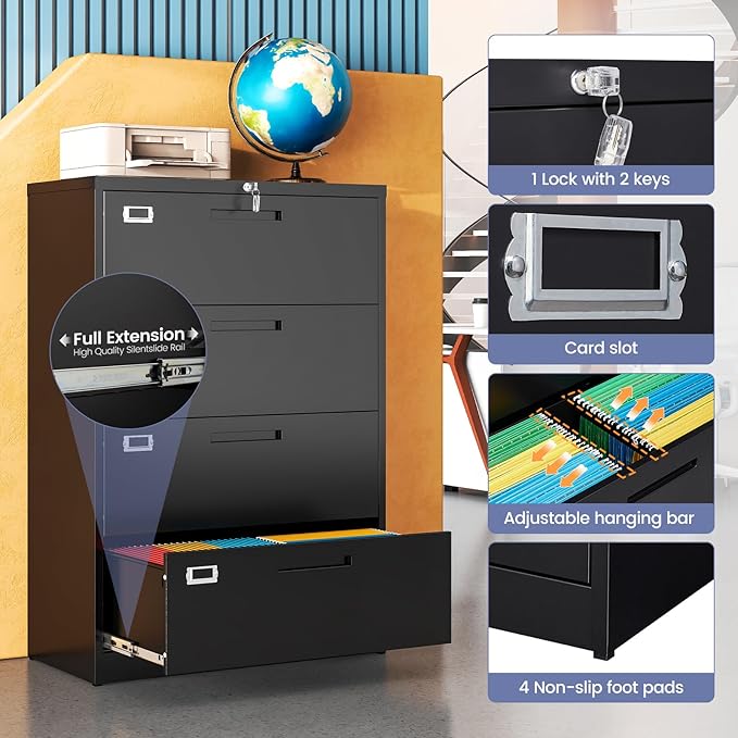 4 Drawer File Cabinet, Locking Lateral Filing Cabinet for Home Office, Black File Cabinets with Business Card Holder for Letter/Legal/F4/A4 Hanging Files