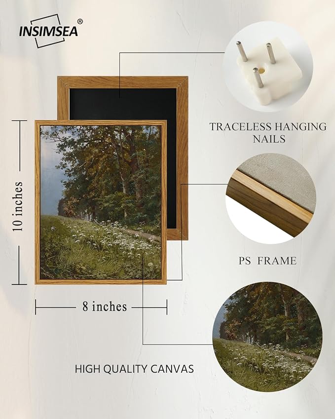 InSimSea Framed Canvas Print Art, Vintage Wildflower Landscape Painting, Rustic Farmhouse Cottage Decor for Hallway Wall Floating Shelf Desk Vanity Fireplace,10x8in, Neutral Green Tones