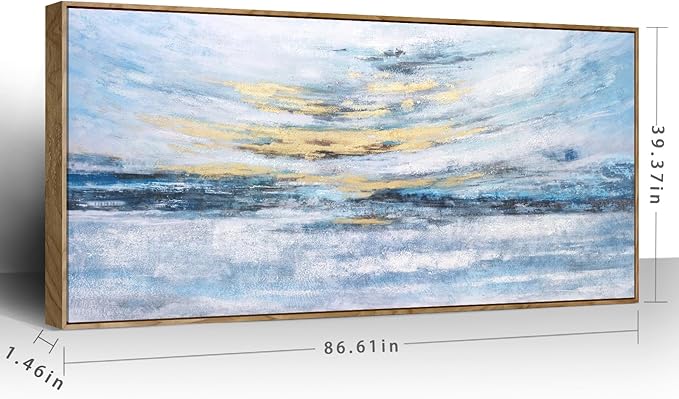 Nicetop 86x39 Extra Large Abstract Ocean Sunset Wall Art, Hand-Applied Gold Foil & Hand-Painted Texture, Serene Coastal Oil Painting, Natural Wood Frame, Modern Decor for Living Room Bedroom Office