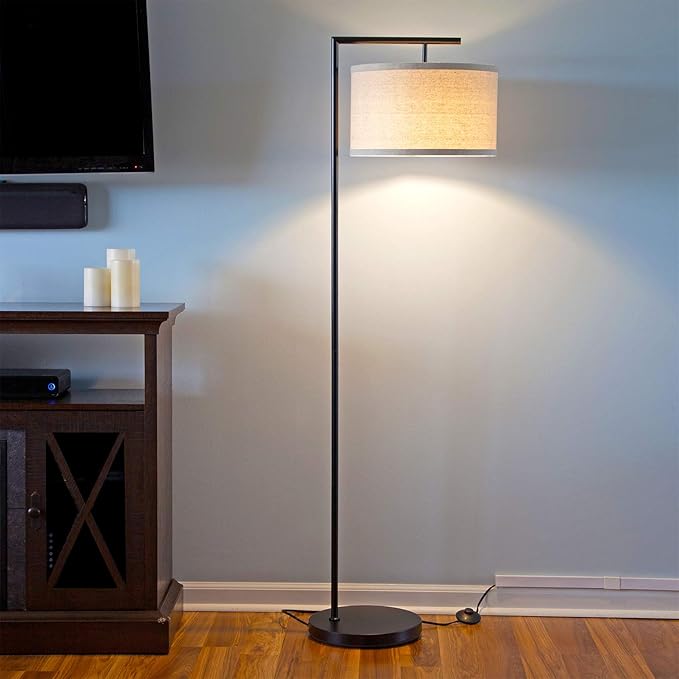 Brightech Montage Modern Floor Lamp - LED Standing Lamp with Tan Shade for Living Rooms & Offices - Bedroom Reading Light - Tall Corner Pole Lamp for Contemporary Home Decor - Black