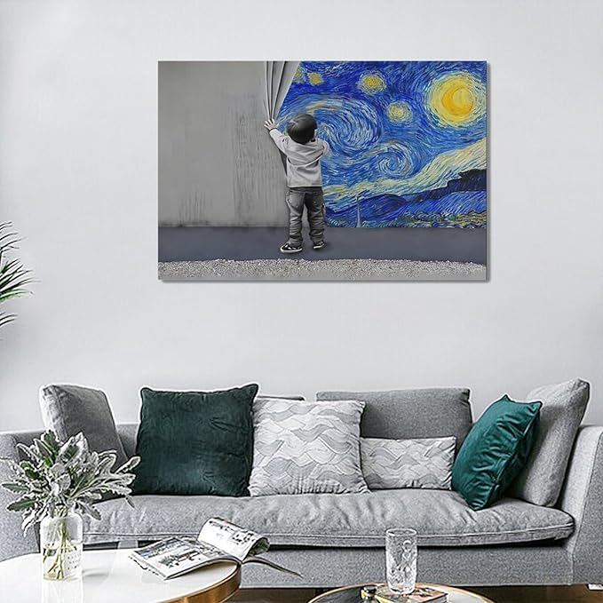 Banksy Wall Art Boys Starry Night Street Graffiti Pictures Wall Decor Kids Canvas Painting Pop Home Modern Artwork Decorations Framed for Living Room Bedroom Bathroom Office 24 x 16 inch
