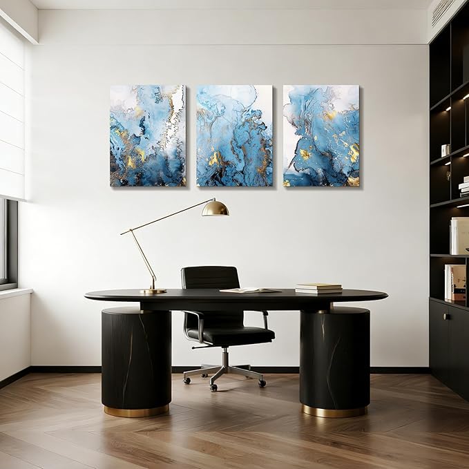SERIMINO Blue Abstract Canvas Wall Art for Living Room, Navy and Gold Fluid Marble Wall Decor for Bedroom, Bathroom, Office, Home Decor, Set of 3 Print Painting, 20"X28"
