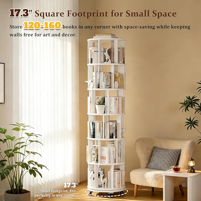 Rotating Bookshelf Tower with Wheels, 6 Tier Walnut Wood Round Spinning Bookshelf Tower, 360° Revolving Bookcase Rolling for Kids Adult, Rotation Book Shelf for Bedroom, Living, Office, Corner, White