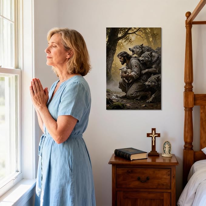 YOUHONG Jesus Wall Art and the Lamb Canvas Religious Wall Decor Christian Art Christian Posters Jesus Protect the Lamb from Wolves - Canvas with Built-in Wooden Frame for Home Decor (24x36 Inch)