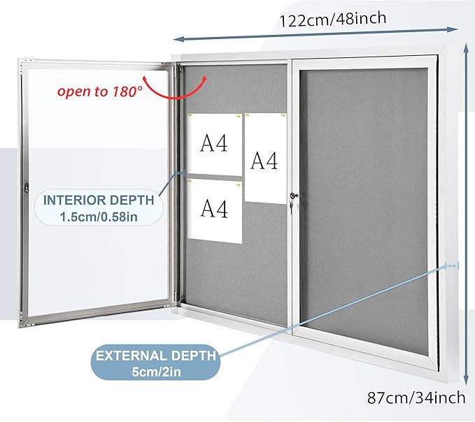 Outdoor Bulletin Board Weatherproof 48x34 in,Enclosed Bulletin Board with Locking Door, Wall Display Case for Office School Home Commercial, Silver Aluminum Frame, Gery Felt