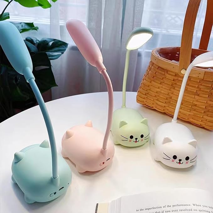 LED Desk Lamp for Kids, Cute Cat Lamp USB Rechargeable Reading Light,Portable LED Table Light, Flexible Gooseneck Eye-Care Cartoons Small Desk Lamp Girls Gifts (Green)