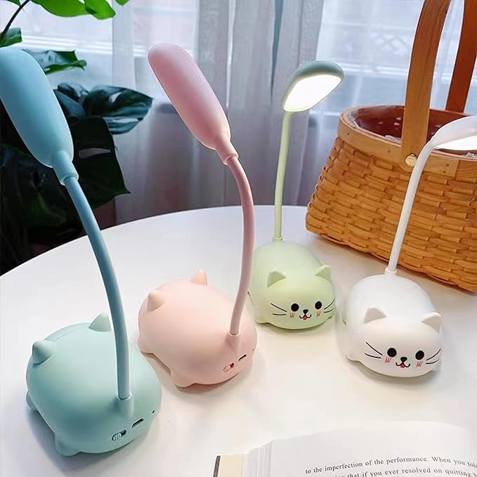 LED Desk Lamp for Kids, Cute Cat Lamp USB Rechargeable Reading Light,Portable LED Table Light, Flexible Gooseneck Eye-Care Cartoons Small Desk Lamp Girls Gifts (White)