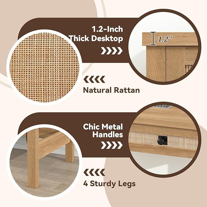 Rattan Computer Desk with 2 Drawers, 39 Inch Small Desk with Power Outlets, Farmhouse Boho Vanity Desks, Compact Writing Study Table for Small Spaces, Oak