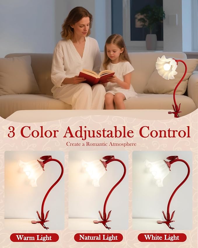 Flower Lamp Clip on Light, 3 Color Modes Eye-Caring Desk Lamp with Clamp, Dorm Room Essentials, Flexible Neck Reading Clamp Lamps for College Bedside Bookshelf Studying Room (Red)