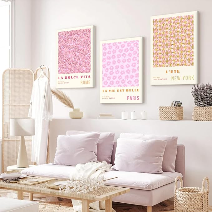 Pink Flower Market Wall Art Decor Aesthetic Abstract Canvas Floral Minimalist Wall Art Pictures Orange Floral Prints Artwork Botanical Flower Poster Colorful Painting 12x16 Inch Framed Set of 3