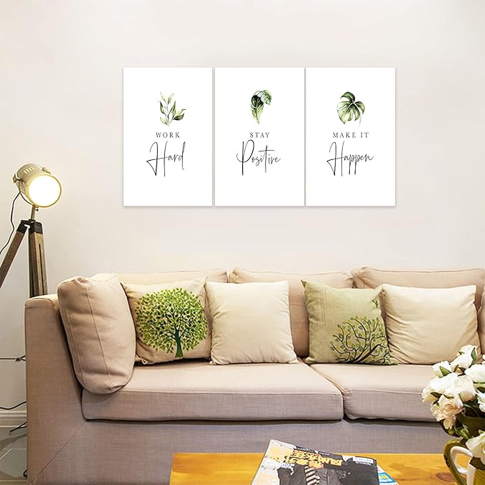 3 Piece Inspirational Wall Art, White Plants Sayings Picture, Quotes "Work Stay Make it" Canvas Prints for Office Decor, Triptych Entrepreneur Framed Artwork for Women Men Home Wall Decor (48"Wx24" H)