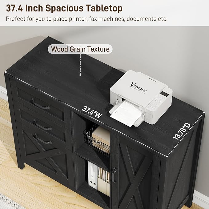 Farmhouse Lateral Filing Cabinet, Lateral File Cabinet with 3 Drawers and Cabinet, Large Printer Stand with File Drawer for Letter/A4 Size Hanging Files for Home Office, Rustic Black
