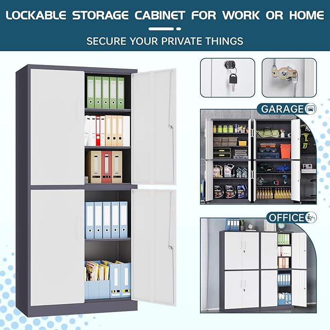MIIIKO Metal Storage File Cabinet with 4 Doors, Steel Storage Cabinet with Locking Doors and 5 Shelves, for Home Office, Hospital, Garage, Commercial Storage