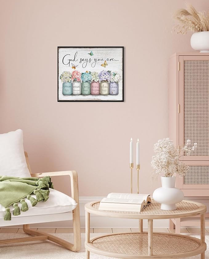 God Says You Are Wall Art: Christian Inspirational Bible Verse Wall Art Religious Scripture Encouragement Gifts for Women,Hydrangea in Mason Jar Prints Butterfly Posters Bedroom Decor 12" x 15"