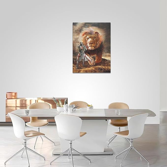 yerretin Christian Lion Of Judah Wall Art Lion Warrior Pictures Wall Decor Religious Knight Canvas Painting Home Decorations Artwork for Bathroom Bedroom Living Room Office Framed 12"x16"