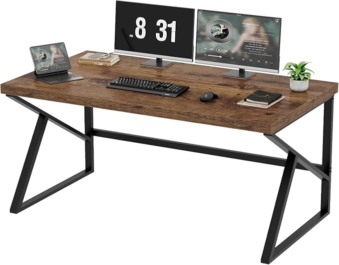 HSH Rustic Computer Desk, Large Executive Writing Study Work Desk for Home Office, Industrial Metal Wooden PC Laptop Long Desk Workstation, Modern Bedroom Living Room Table, Rustic Brown, 60 Inch