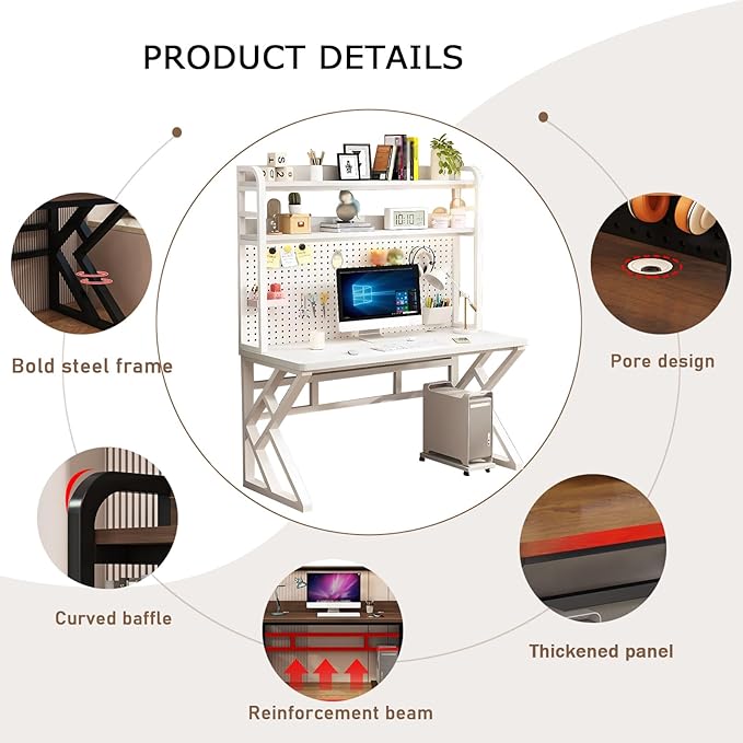 47in Computer Desk with Pegboard，Gaming Desk with Bookshelf Combo, Large Writing Table with Desktop Shelves, Ample Leg Room, for Home Office (White, 47in)
