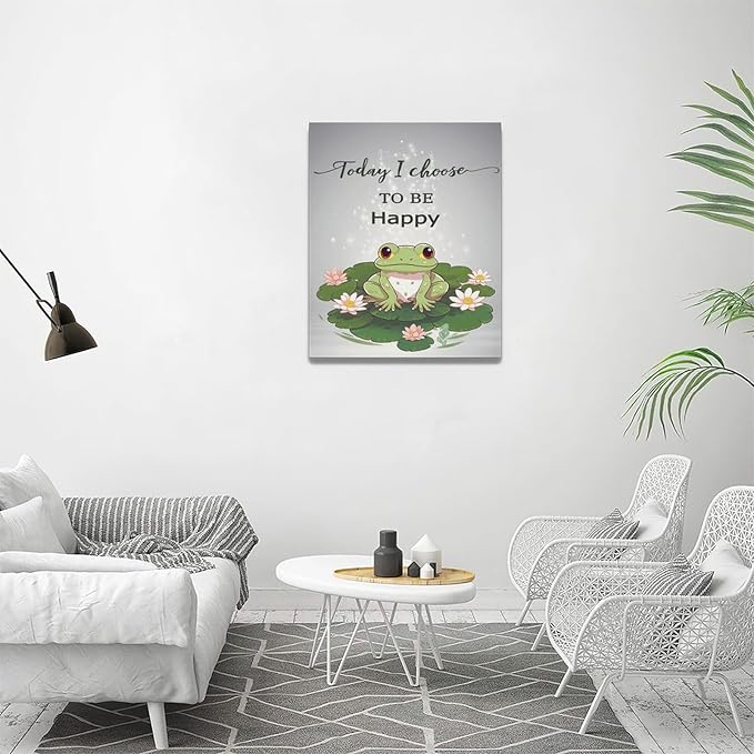 yerretin Frog Wall Art Funny Frog Lotus Pictures Wall Decor Flower Canvas Painting Modern Artwork Home Decorations for Bathroom Living Room Bedroom Office Framed 16"x20"