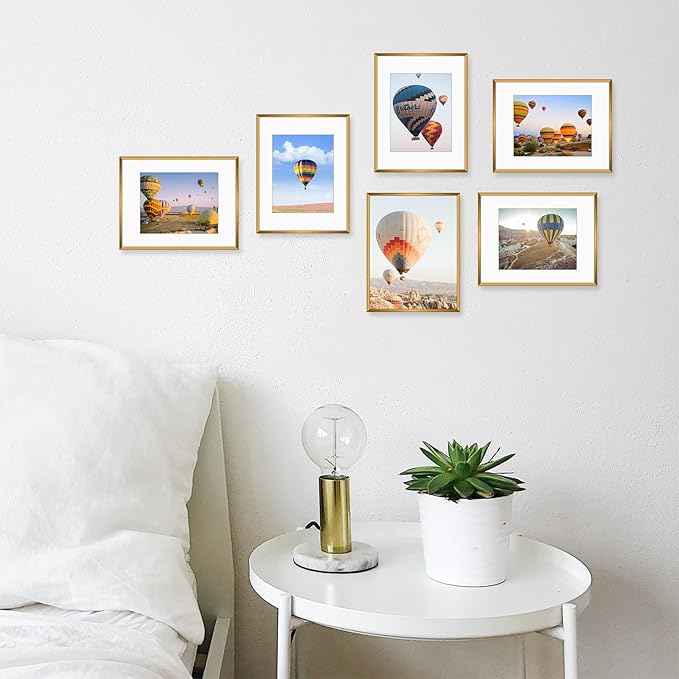 Golden State Art, Gallery Wall Frame Set of 6 - Bronze 11x14 Aluminum Photo Frames with Mat for 8x10 Pictures - 11 x 14 inch Metal Frame with Real Glass Cover - Elegant Home or Office Decor