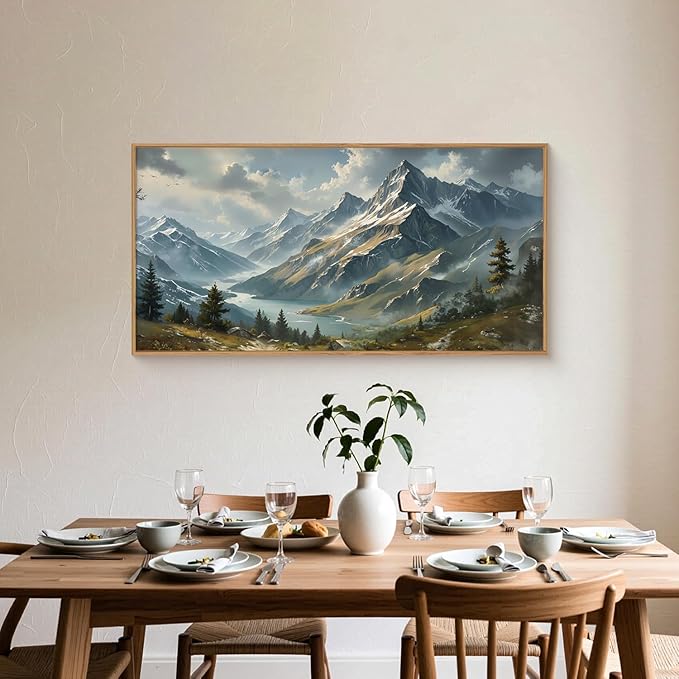 Ausril Nature Mountain Ridge Framed Canvas Wall Art Set, Woodland Landscape Wall Decor, Cloud Misty Forest Wall Painting, Boho Pine Tree River Art Print for Living Room, Bedroom, Office - 20"X40"