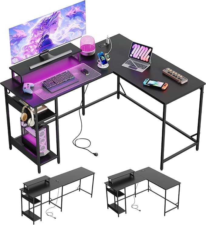 DEVAISE 55 Inch L Shaped Gaming Desk with LED Lights & Power Outlets, Corner Desk for Small Spaces, Sturdy PC Computer Table with Storage for Home Office, Black