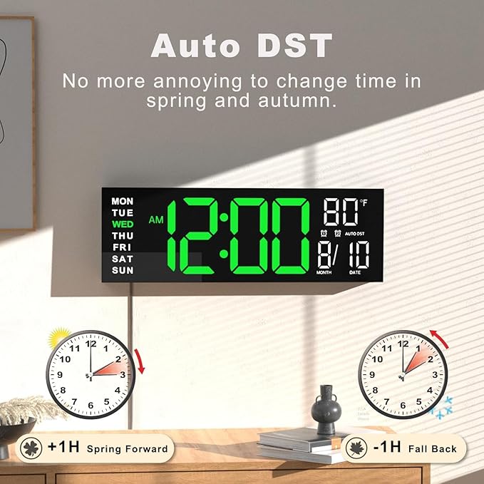 JALL 16" Large Digital Wall Mount Clock, Count Down Timer, Alarm, Big LED, RGB Color, DST, Temperature for Living Room Classroom Desk, Xmas, Birthday Gift, for Senior Mom Dad (Green White, 16 inches)
