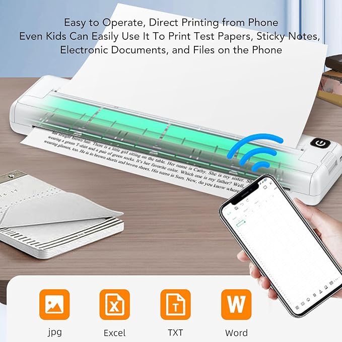 Bluetooth Thermal Printer, Wire less Label Printer with APP, Portable A4 Printer, Mini B/W Inkless Printer Compatible with iOS & Android Smartphone, for Office, Travel, School