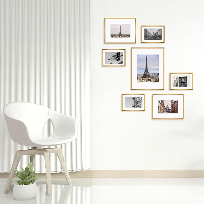 Golden State Art, Aluminum Gallery Wall Frame Set of 7 - Includes One 11x14, Two 8x10, and Four 5x7 - Metal Frames with Mat & Real Glass Cover for Elegant Home or Office Decor (Style 2, Bronze)