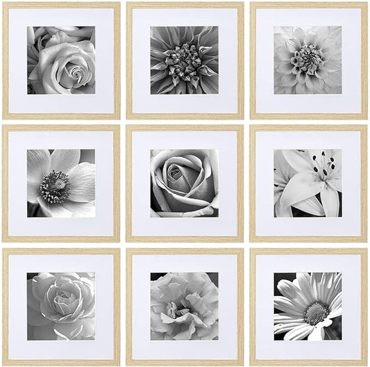 eletecpro 12x12 Picture Frames Set of 9 with Clear Acrylic Cover, Display 8x8 Photos with Mat or 12x12 Without, Classic and Sturdy Square Collage Gallery Wall Decor, Easy Wall Mount, Natural