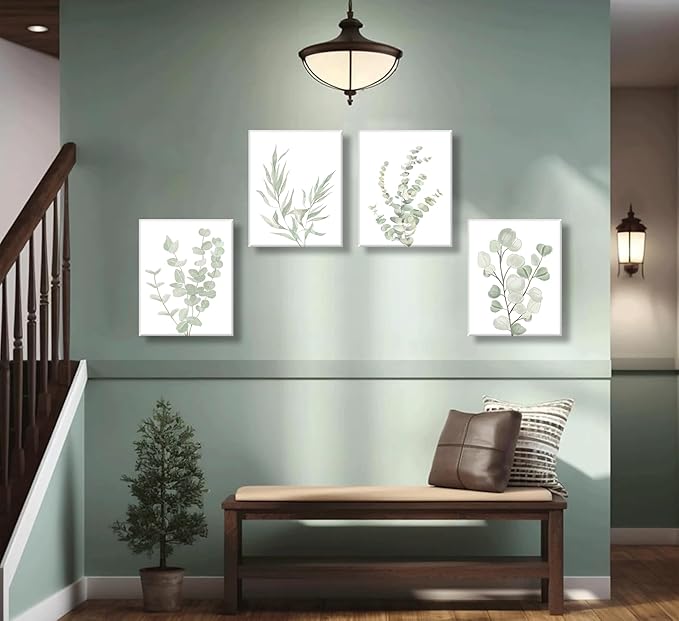 4pcs Sage Green Boho Wall Art Eucalyptus Posters Green plants Canvas Minimalist Plant Painting Modern Farmhouse prints Flower Leaves Prints Wall Decor framed