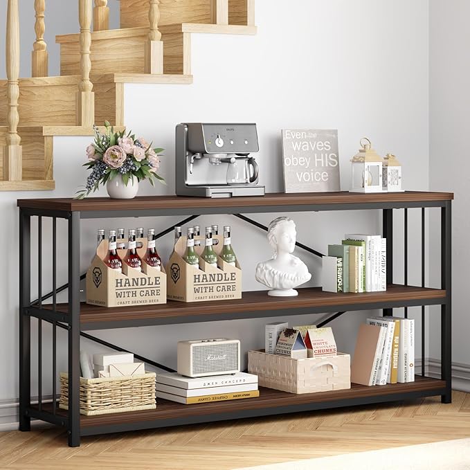 IBF Walnut Low Wide Bookcase, Vintage 63 Inch Long 3 Tier Open Book Shelf, Farmhouse Big Wood Metal Sturdy Bookshelf Display Case, Simple Large Etagere Bookshelves for Home Living Room Office Bedroom