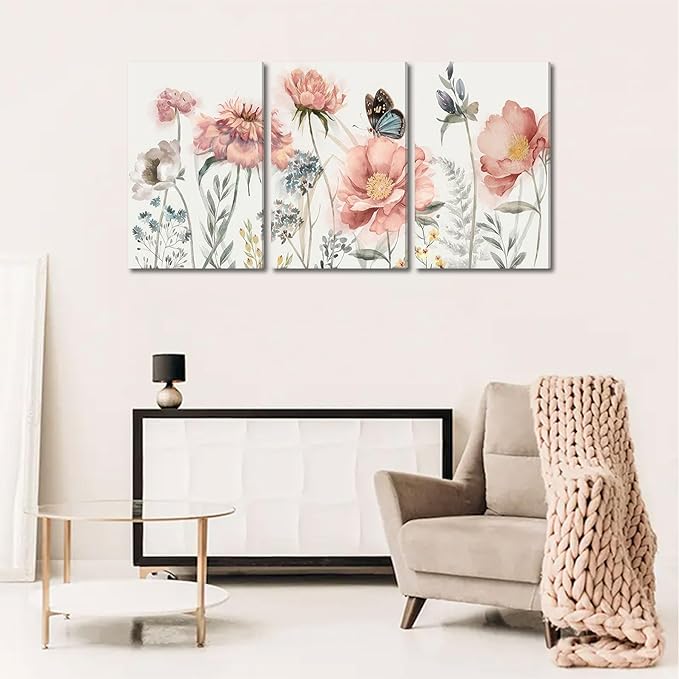 3pcs Pink Peony Floral Canvas Wall Art Butterfly Blossom Wall Decor Pictures Watercolor Bouquet Posters Prints For Living Room Classroom Bedroom Decoration Prepare To Hang